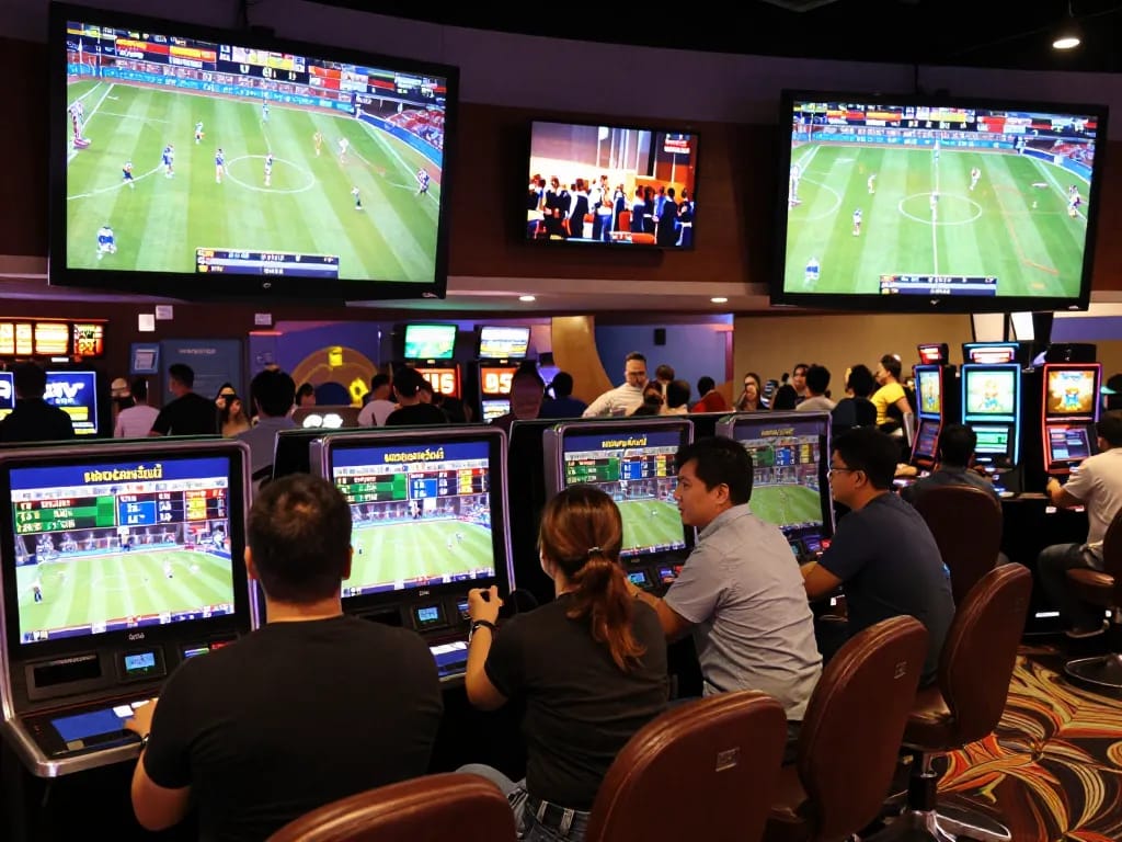 Engaging sports betting experience featuring excited gamblers checking odds for ผลบอลวันนี้ in a lively casino