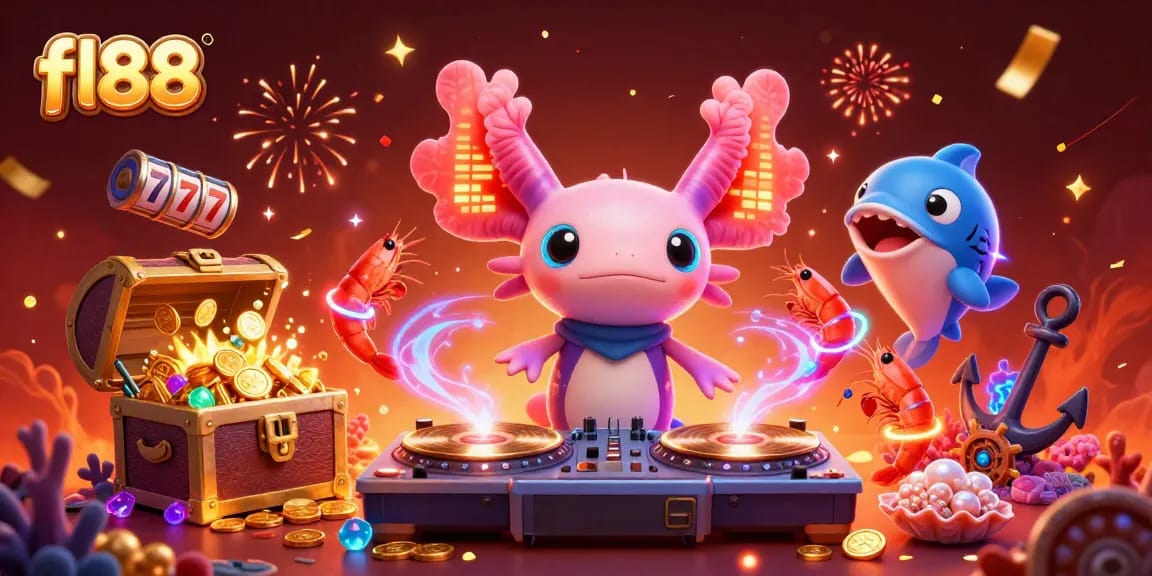 Spin the reels with fl88 while enjoying a vibrant underwater casino scene featuring DJ axolotl.