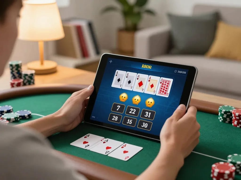 Engaging online poker gameplay on jun888 platform with player focused on tablet screen
