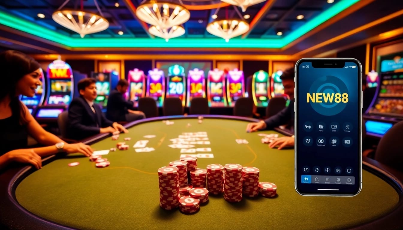 NEW88 players enjoying a vibrant casino atmosphere with poker chips on a stylish table.