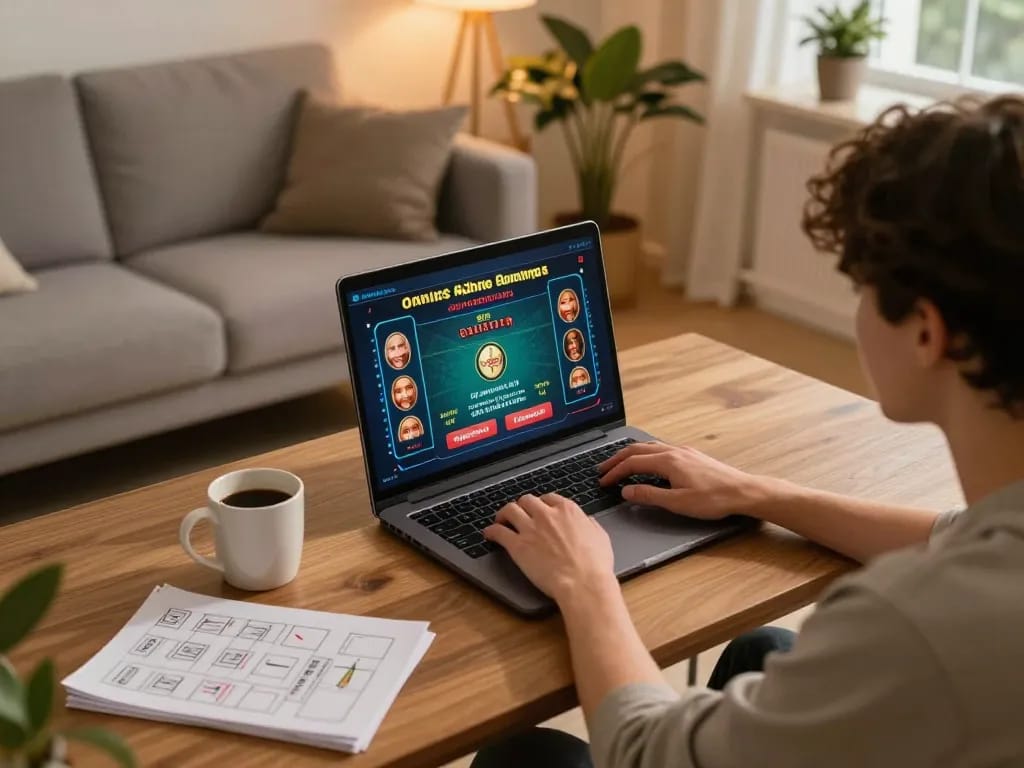 Engaged player enjoying incakoin gameplay on a laptop at home, showcasing an inviting online casino environment.