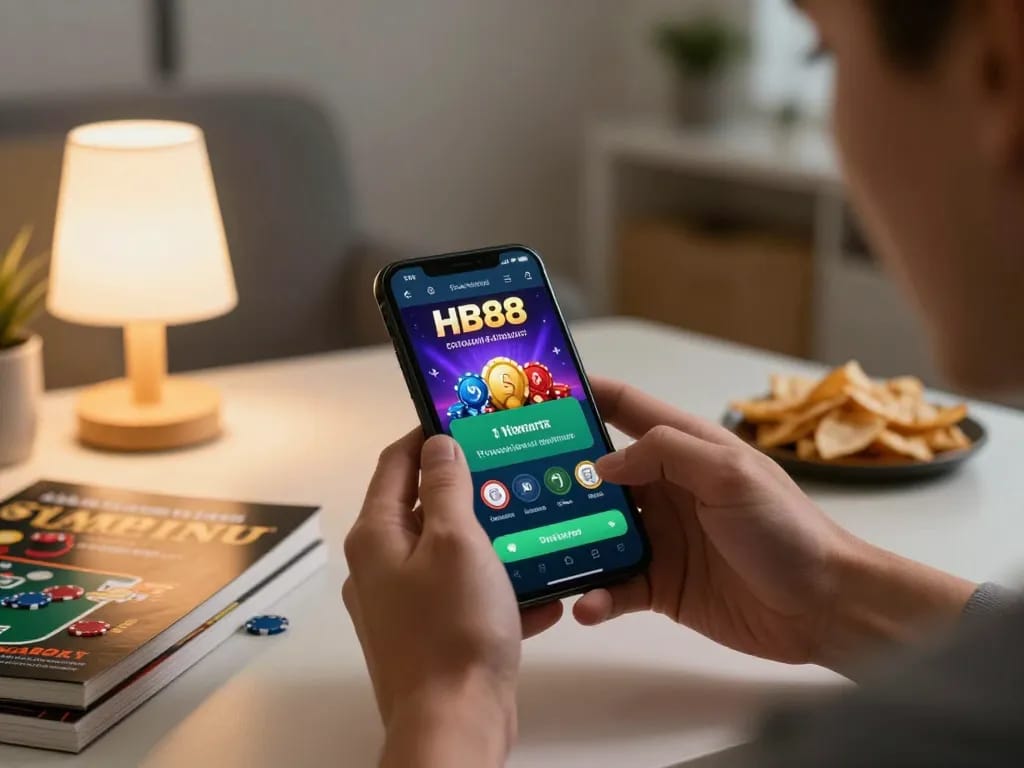 Engaging with the HB88 casino app on a smartphone in a cozy home setting.