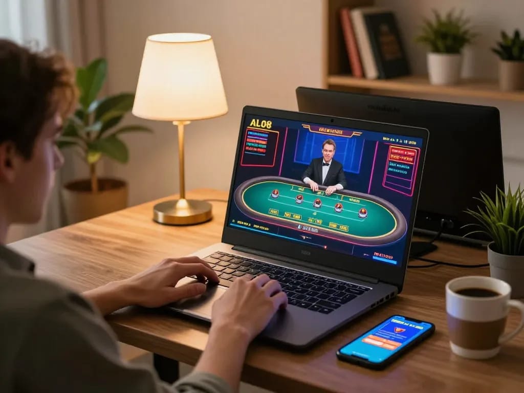 Player engaging with ALO8 online casino on a laptop, showcasing dynamic game interface and strategic gameplay.