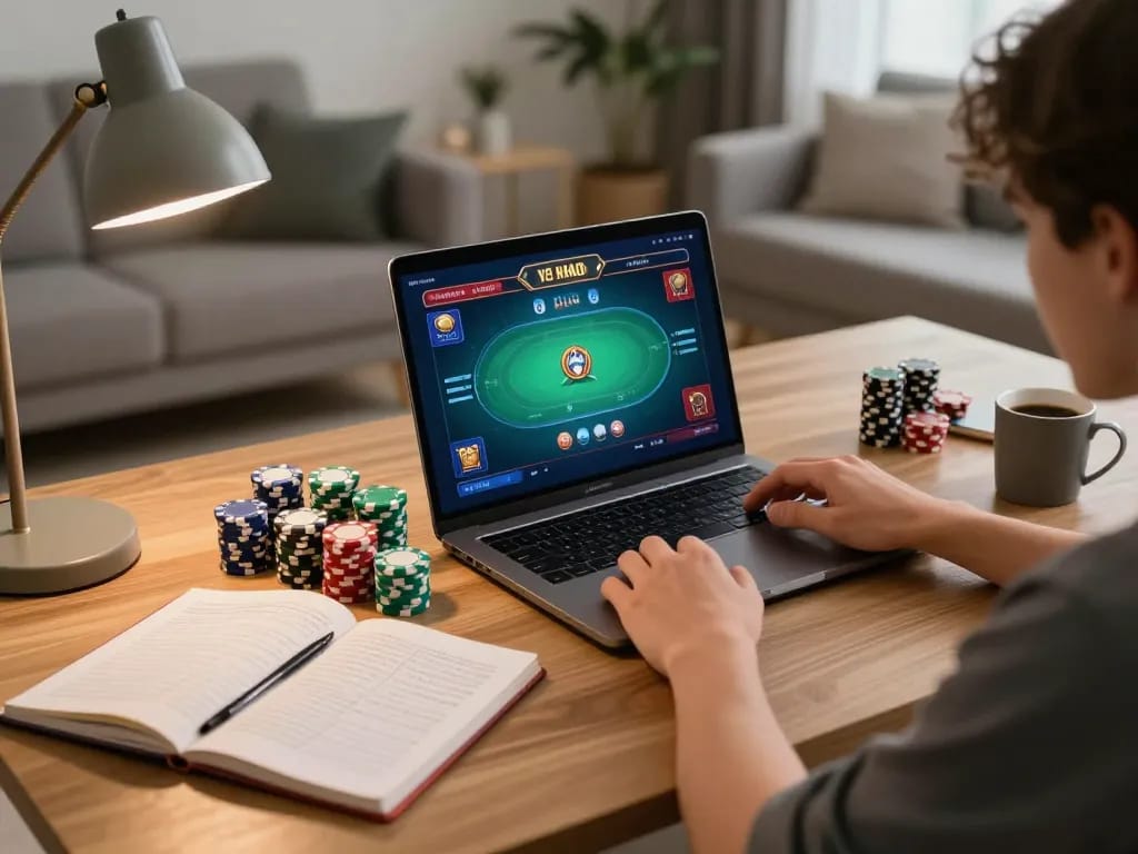 Engaging in live betting on kèo nhà cái through a laptop, showcasing an exciting home gaming atmosphere.