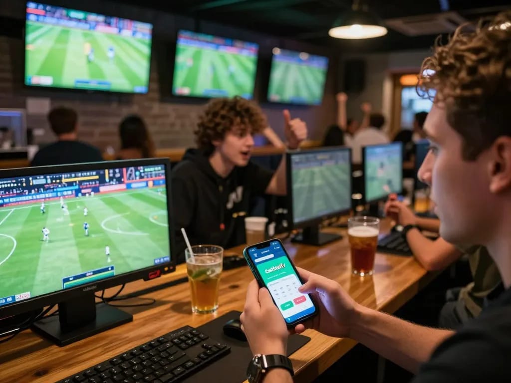 Fans experiencing live betting on the cakhiatv app while watching football matches in a lively sports bar.