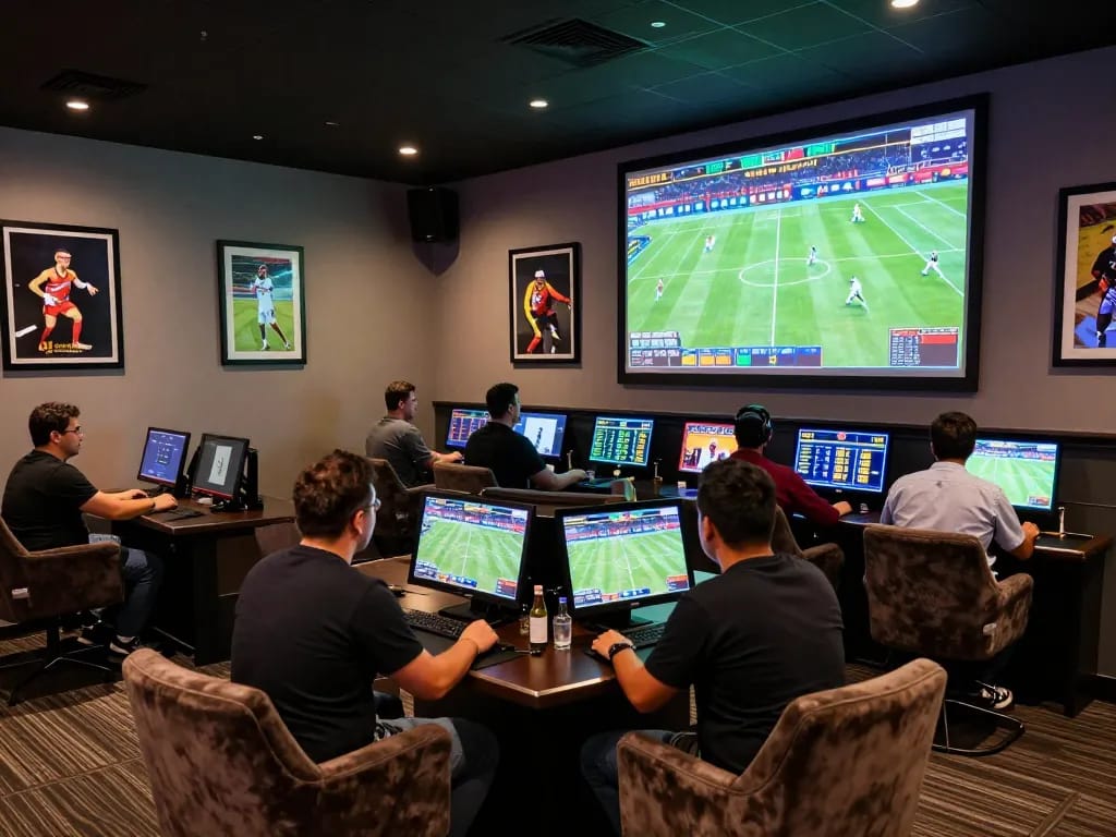 JUN88 bettors engaging in live sports betting amidst an exciting lounge atmosphere.