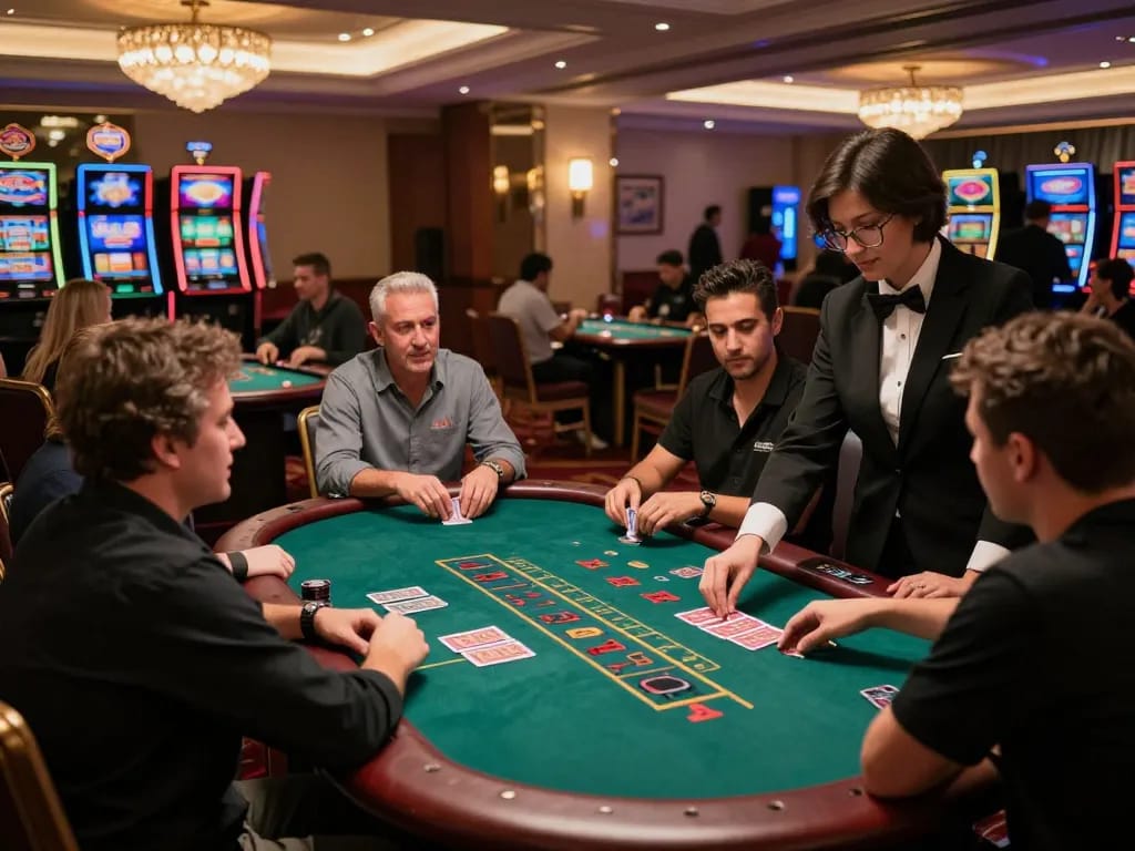 Engaged players at ko66 blackjack table showcasing winning strategies in an elegant casino.