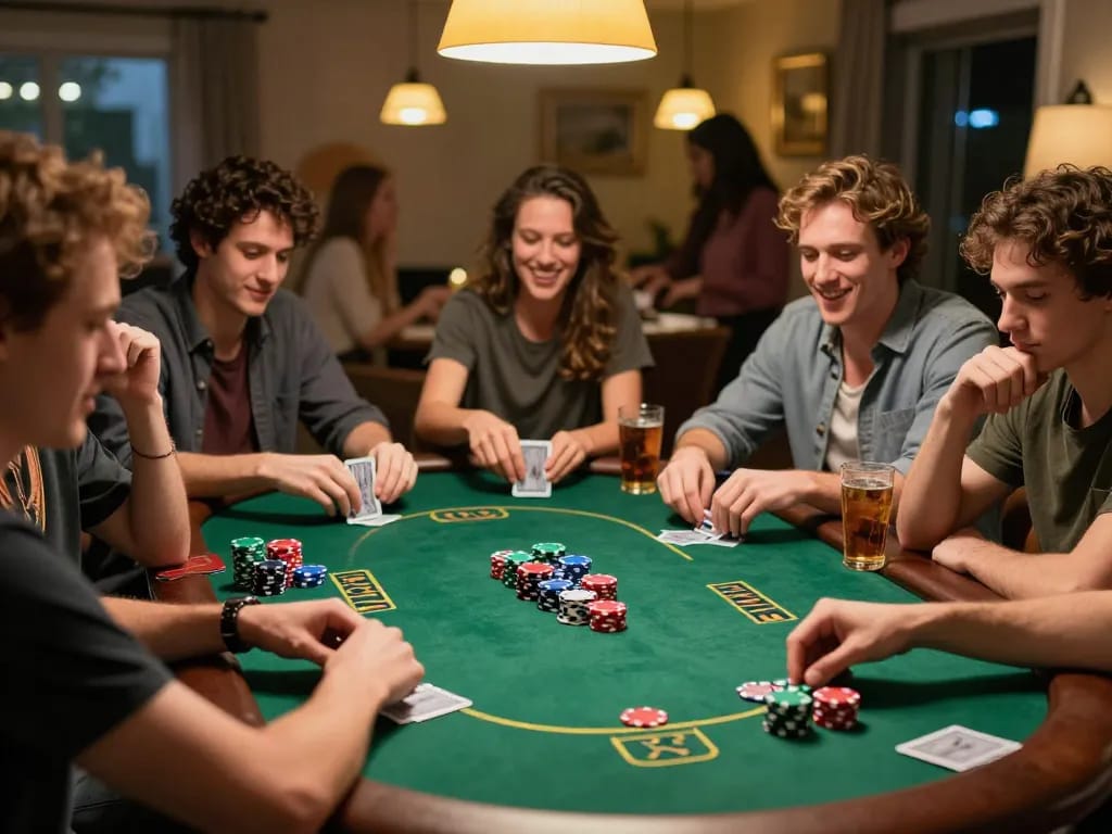 Friends enjoy an exciting home poker night with 88fc, playing Texas Hold'em and celebrating wins