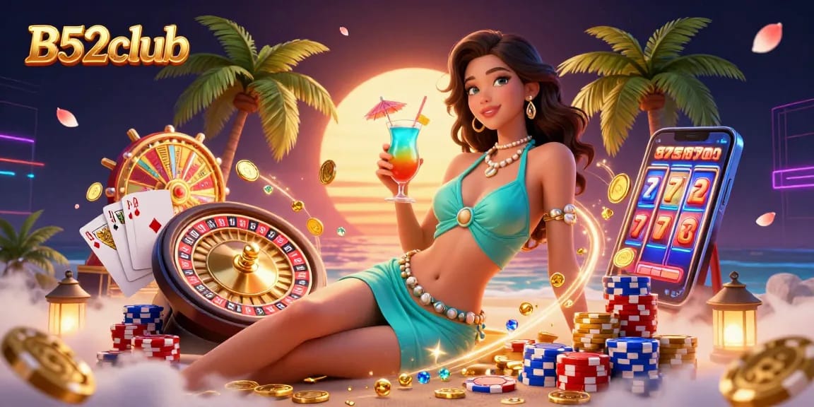 B52club offers a vibrant casino experience with dazzling coins and a royal flush hand, inviting players to join the excitement.