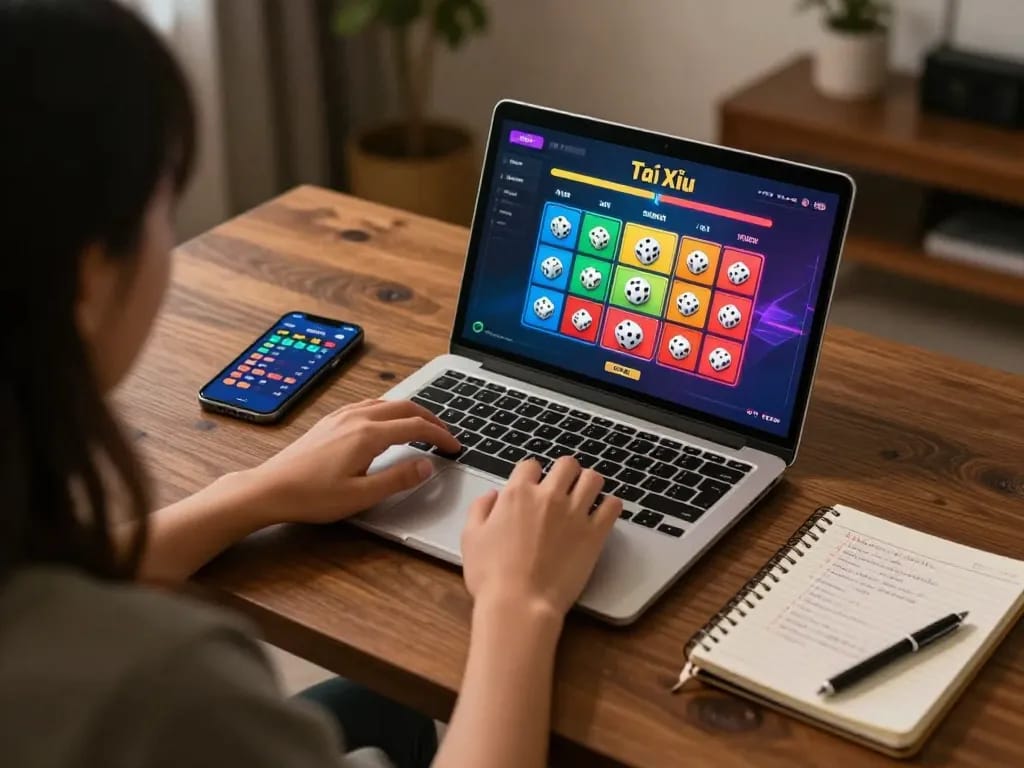 Tài Xỉu online gameplay on laptop highlighting strategic decisions and cozy gaming atmosphere.