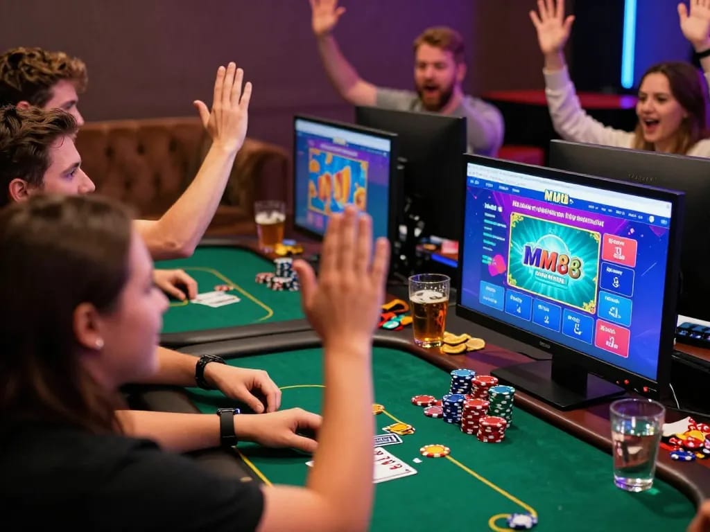 Friends enjoying an online game session on MM88, showcasing excitement and camaraderie.