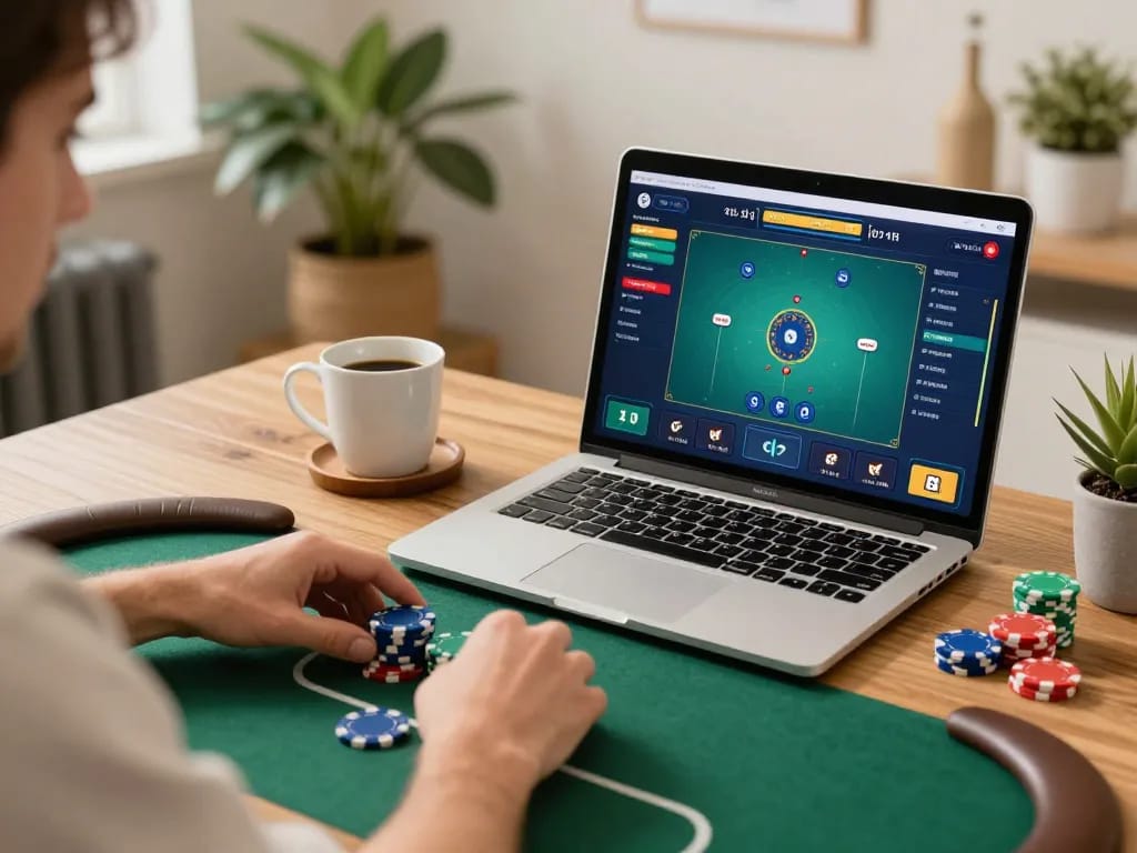 Person playing online poker S666 with chips, focused on laptop screen in cozy home office