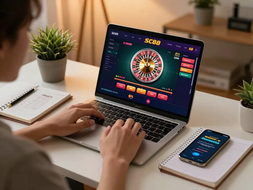 Person engaged in strategic SC88 online casino gaming at home, with laptop showing roulette.
