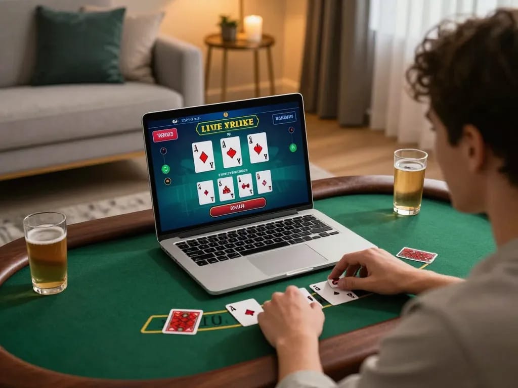 Player enjoying fly88 online blackjack game from home setup, screen displaying live dealer action and cards.