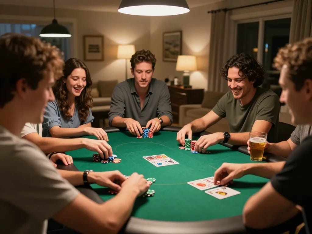 Friends enjoying a lively poker game at home, showcasing strategic gameplay and entertainment with 90phut.