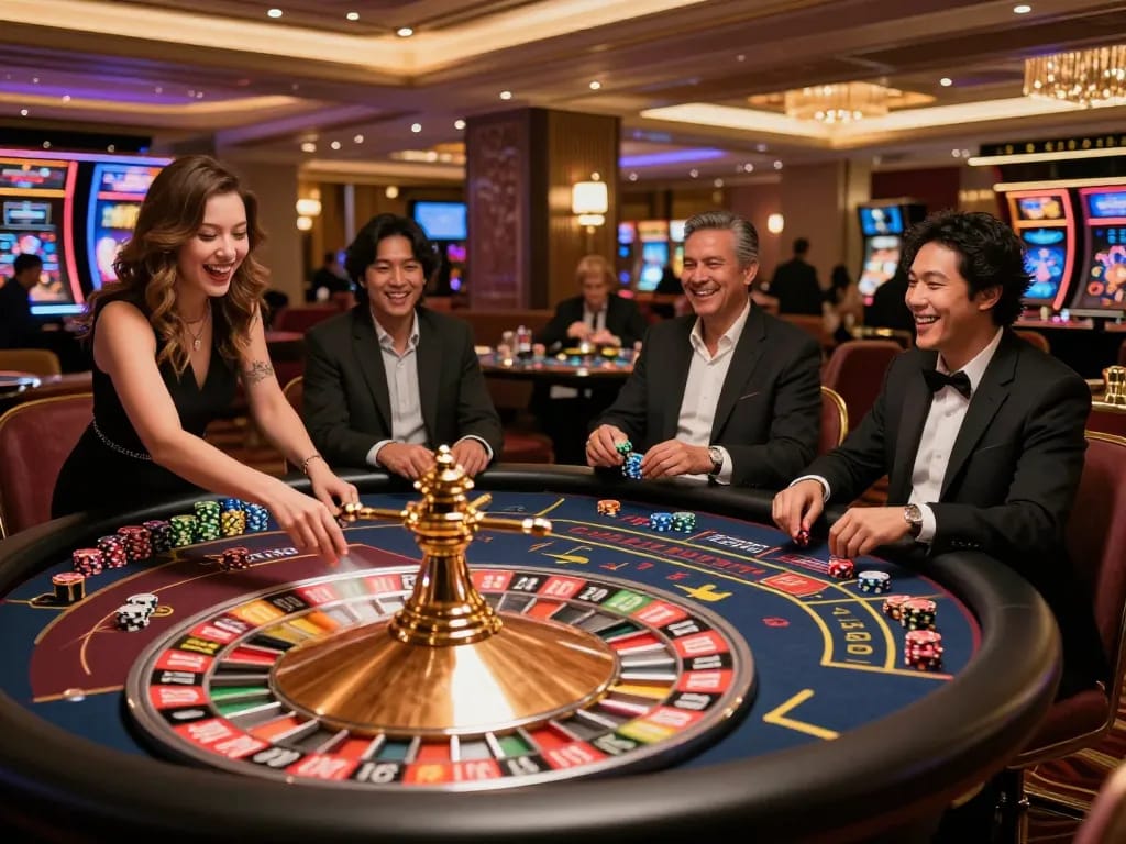 Players engaging in a thrilling roulette game at mm88, showcasing vibrant casino excitement.