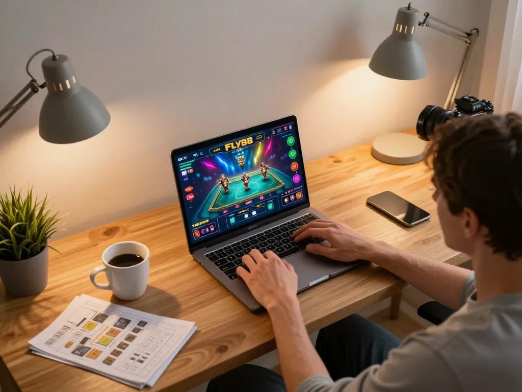 Engaging online casino gameplay at FLY88 showcased in a cozy home office.
