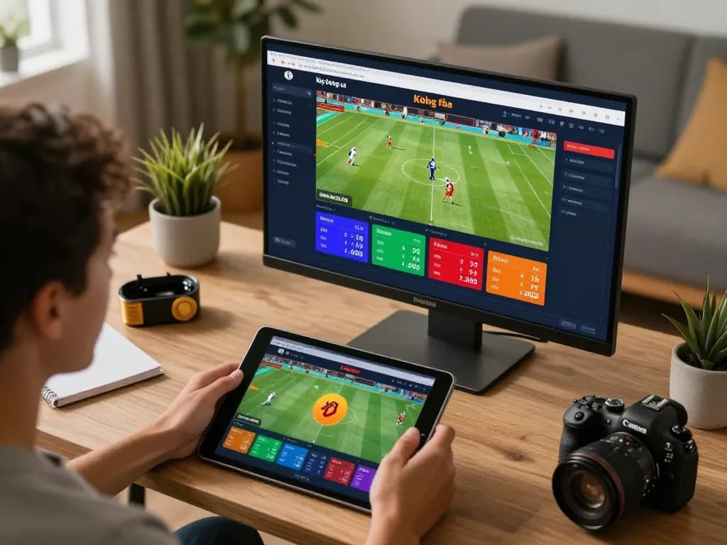 Engaging in kèo bóng đá betting on a tablet showing live sports odds in cozy home office.
