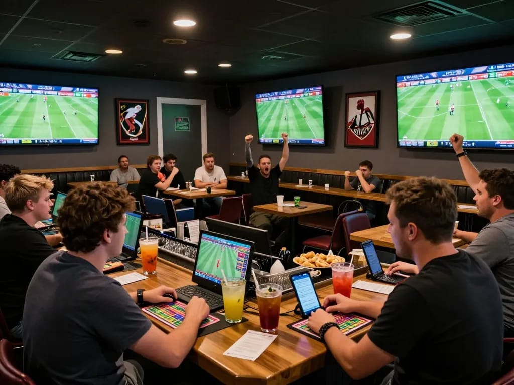 Fans engaging in dynamic sports betting at keonhacai5 in a vibrant sports bar setting