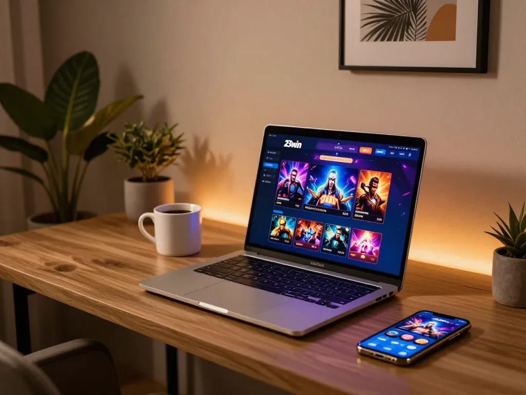 Enjoying a strategic game session on 23win while using a laptop in a cozy modern setup
