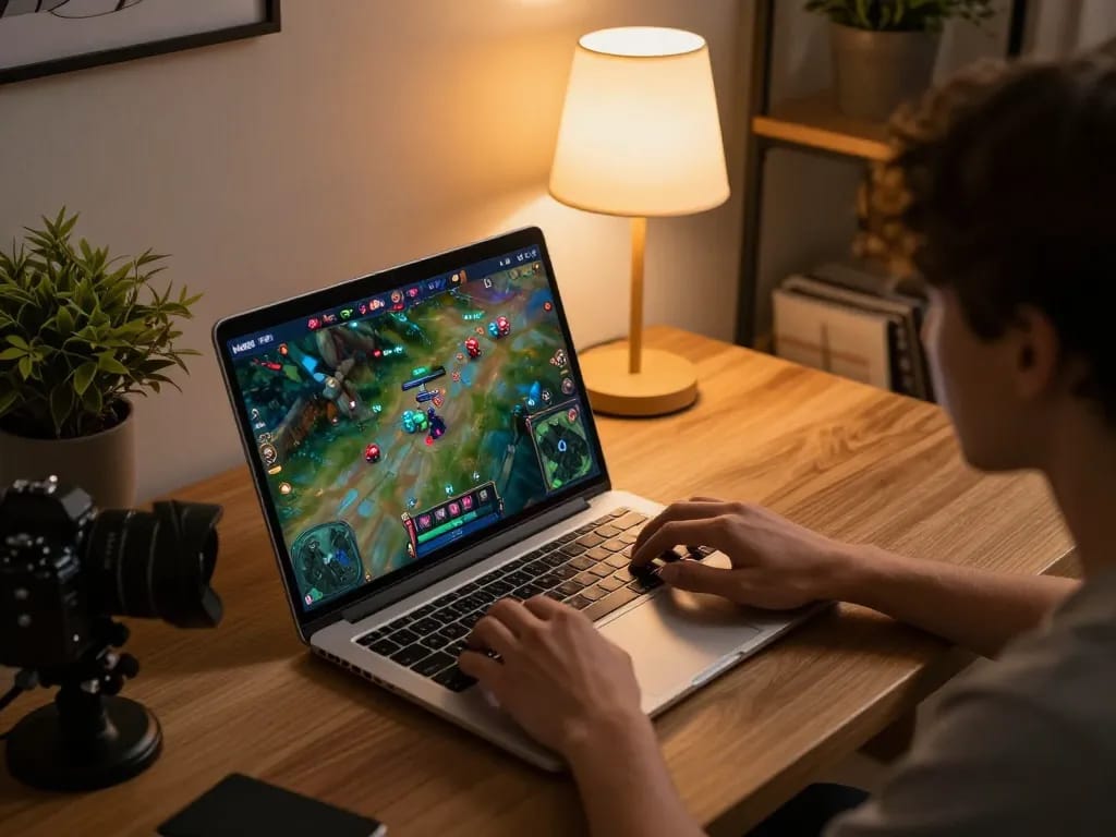 Player engaged in lc88 online gaming on laptop, showcasing vibrant gameplay in cozy home setting.