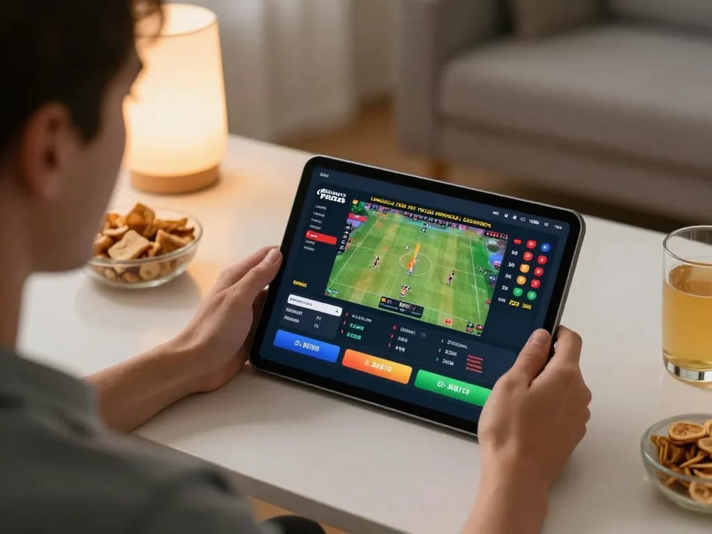 Player using tablet for sports betting on lv88, showing live odds and bets from home.