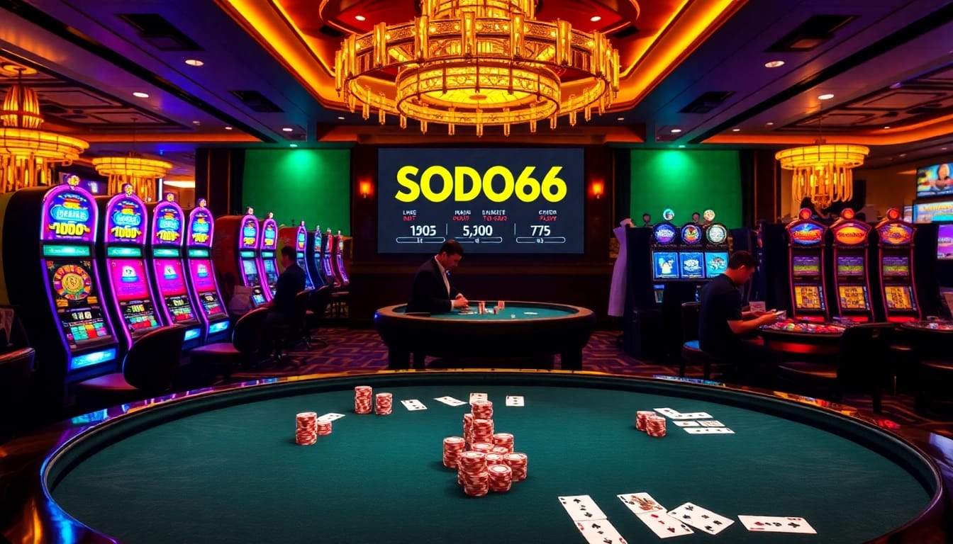 SODO66 vibrant casino scene with poker chips, colorful slot machines, and lively gaming atmosphere.