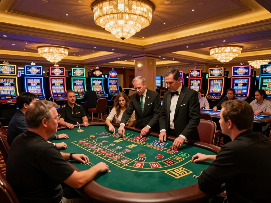 A thrilling scene of players engaging in blackjack at the mb66 casino, vibrant atmosphere with lively action.