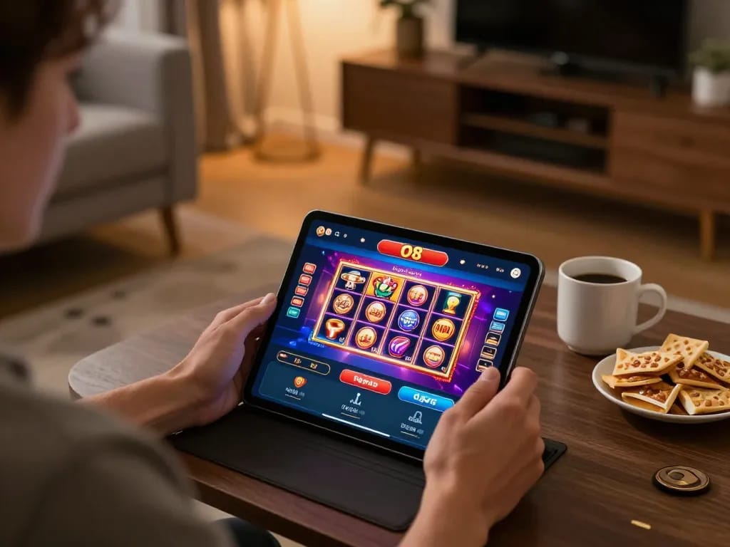 Player enjoying the O8 casino app on a tablet in a cozy home setting, placing bets