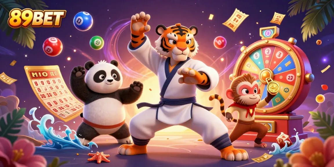 Win big with 89BET in this vibrant casino-themed scene featuring playful characters and dynamic game elements.