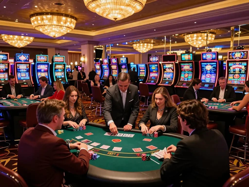 Players engaging at a blackjack table in a vibrant Las Vegas casino, showcasing LLwin excitement and strategy.