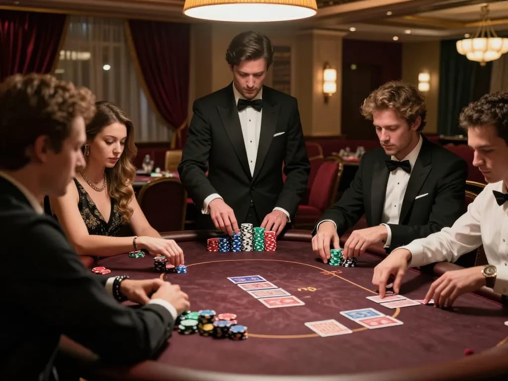 Players analyze hands at a luxurious poker table while strategizing bets on 99ok platform