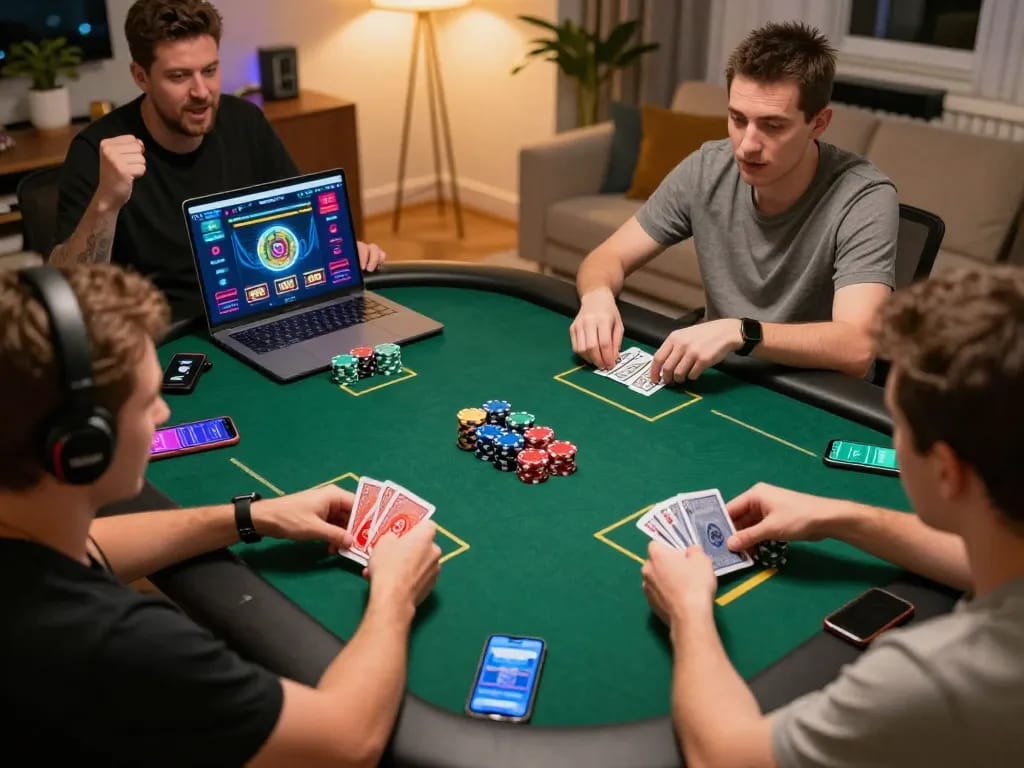 Players engaged in intense online poker session at home with hm88, showcasing vibrant chips and cards.