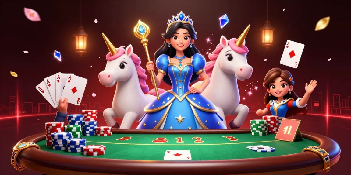Xoilac features a captivating 3D scene with elegant characters, poker chips, and vibrant casino elements.
