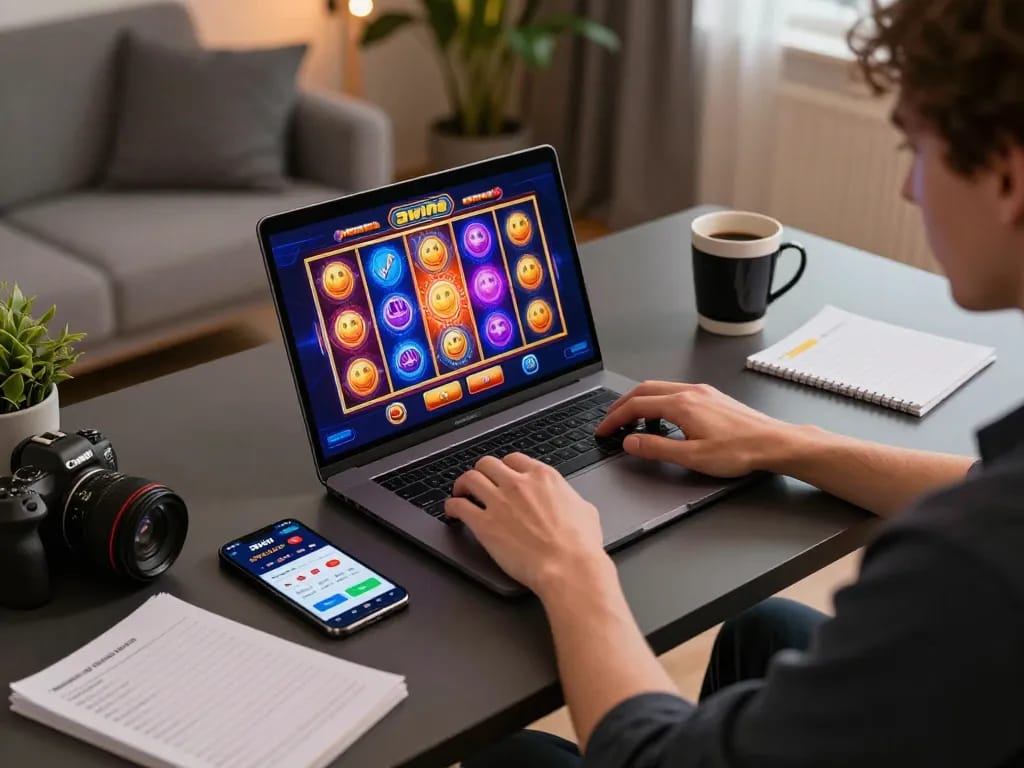 Engaging scene of a user playing 3win casino games online on their laptop, showcasing vibrant slot game interface.