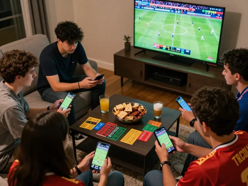 Friends engaged in kèo nhà cái sports betting using smartphones during an exciting football match.