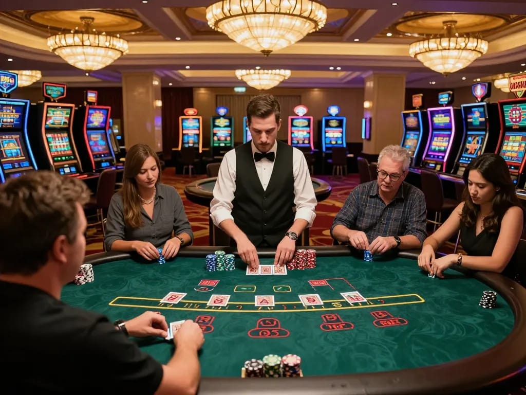Players enjoying an engaging game of blackjack at TR88 casino floor under warm ambient lighting