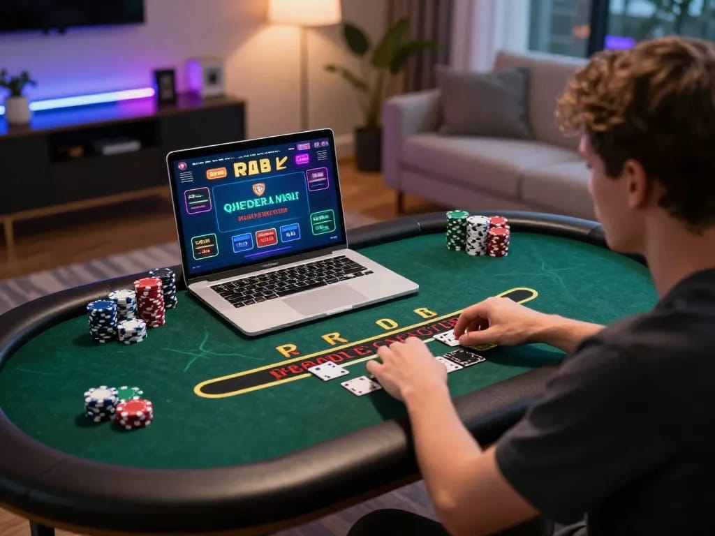 Engaging in a live dealer blackjack game on laptop, immersing in the exciting world of zowin online gambling