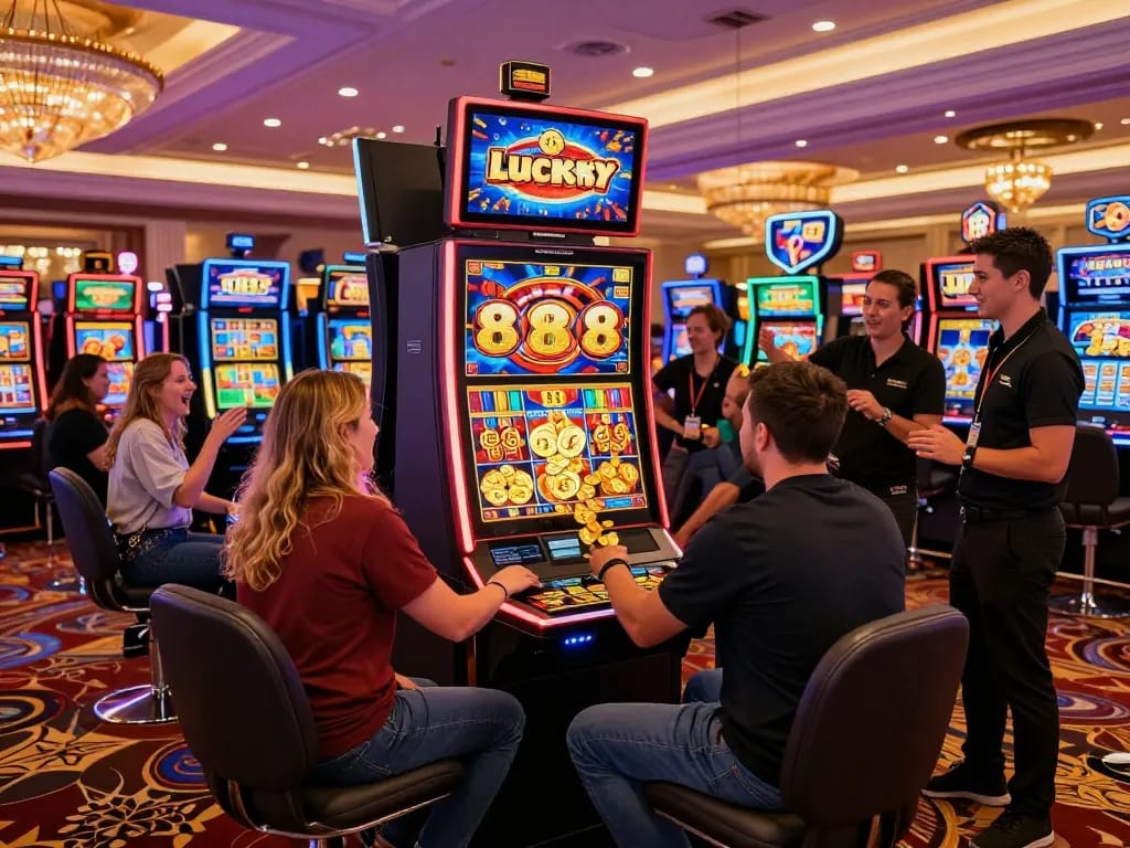 Lucky88 slot game excitement with players celebrating a big win in a vibrant casino setting.
