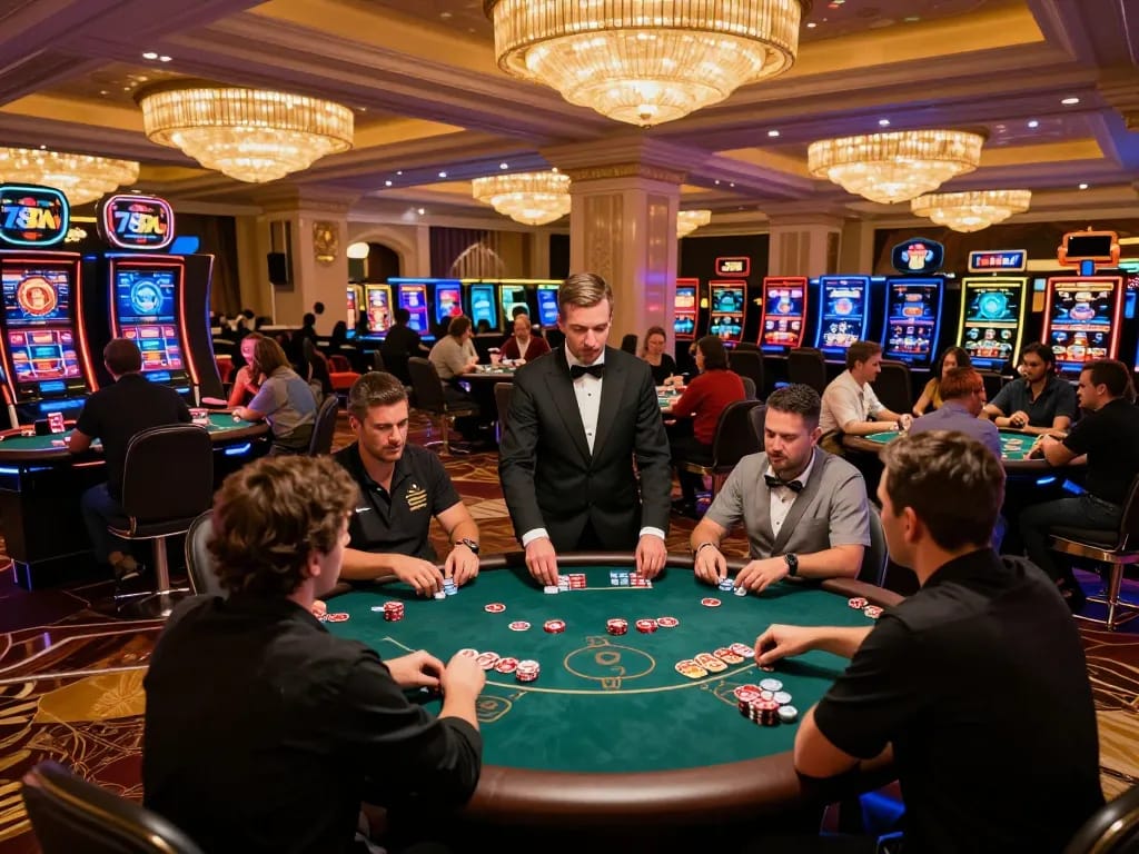 Players enjoying a thrilling poker game at 789win's luxury casino, showcasing strategic gameplay.