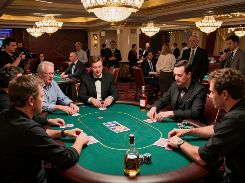 Players strategizing in a luxury poker game with Boutiq Switch V5 on the table, surrounded by intense atmosphere and elegant decor.