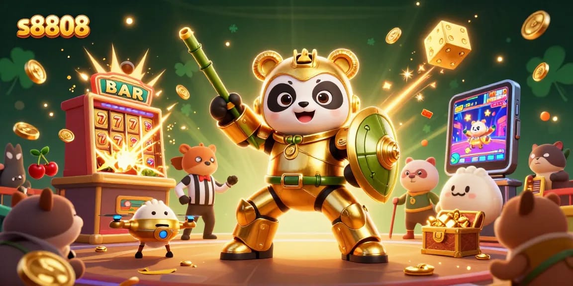 S8's thrilling gameplay experience with golden panda battling amidst jackpot slots, showcasing top-tier casino action.