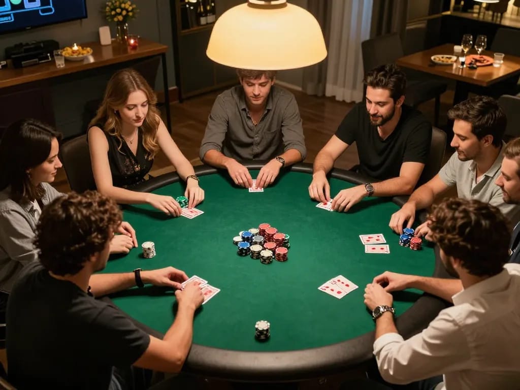 Luckywin players strategizing during a home poker game at a round table with chips and cards