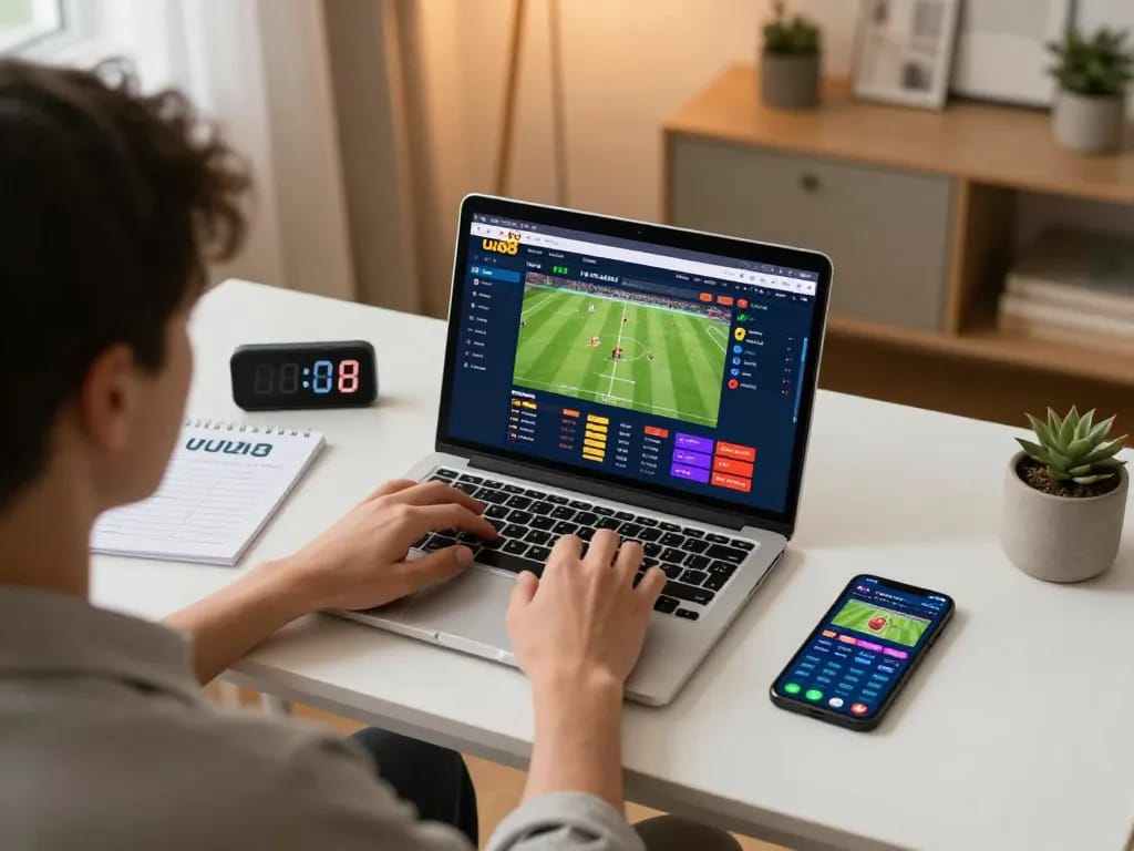 Engaged user betting on uu88 from home gaming setup, showcasing online sports interface.