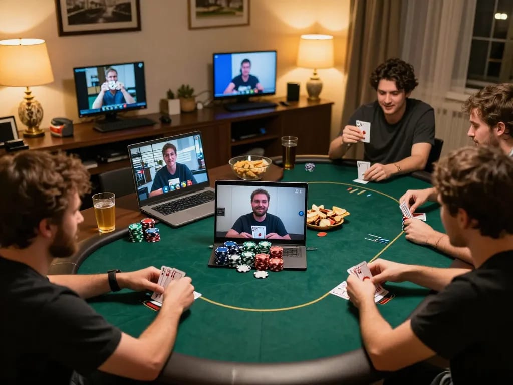 Players enjoy sam86 poker online, showcasing their cards while engaged in a lively home game atmosphere
