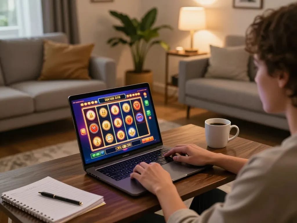 CM88 user enjoying a captivating slot game on a laptop while managing their bankroll at home.