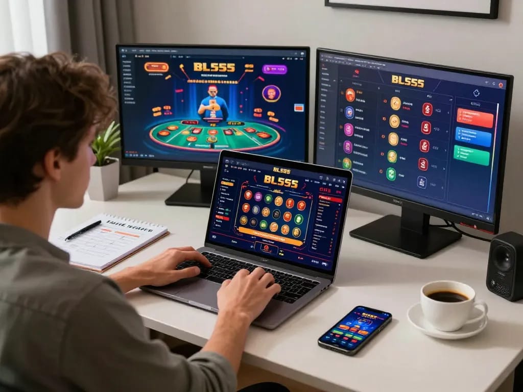Player engaging in thrilling BL555 online casino gaming setup with multiple screens, betting strategies, and warm decor.
