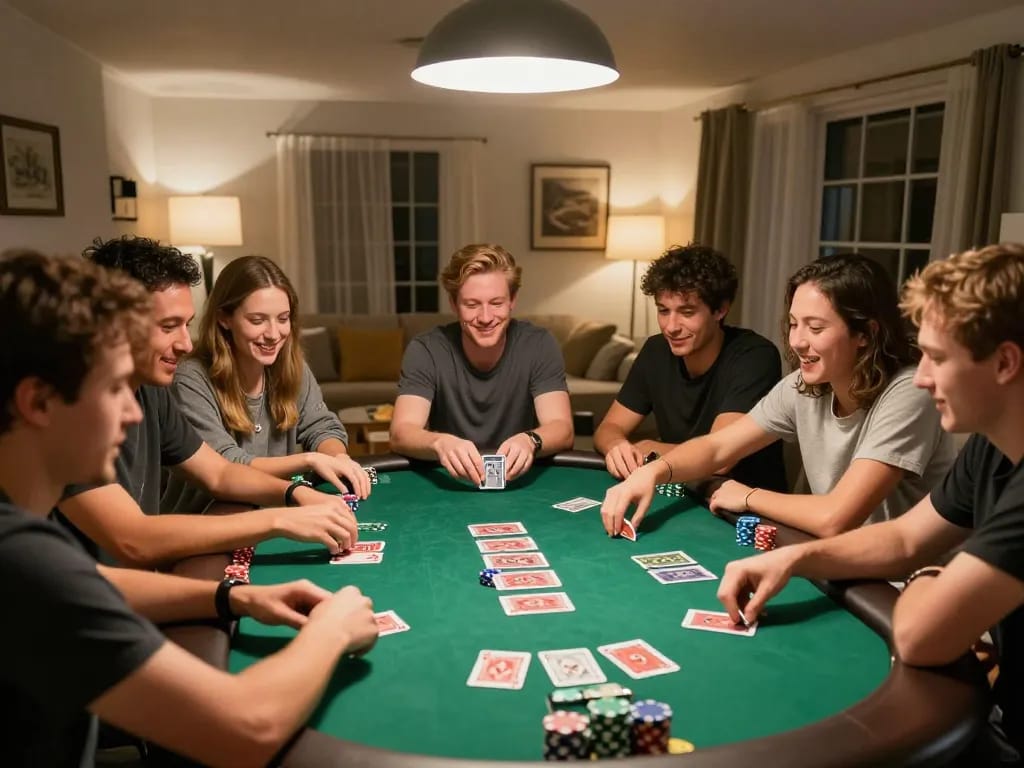 Engaged players discussing kèo nhà cái while enjoying a friendly poker game at home