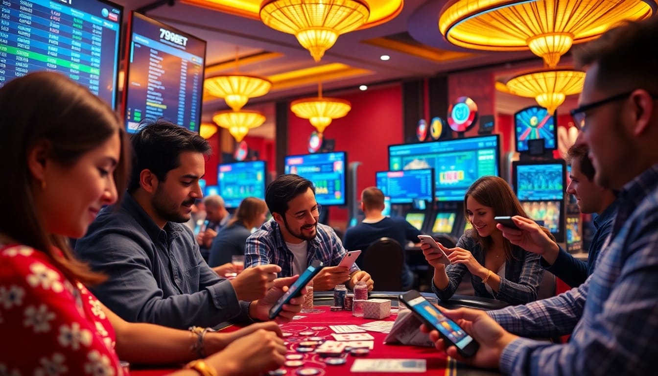 Engaging gambling scene featuring 789bet with players betting online in a vibrant casino atmosphere.
