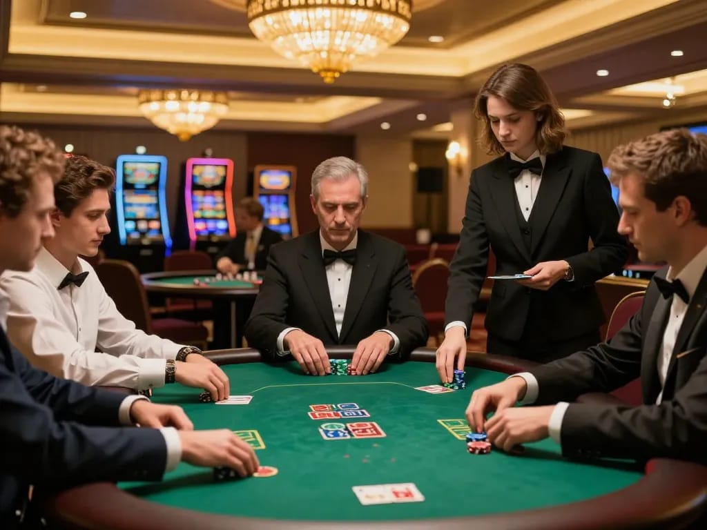 iwin players engaging in an intense poker game at a luxurious casino table.